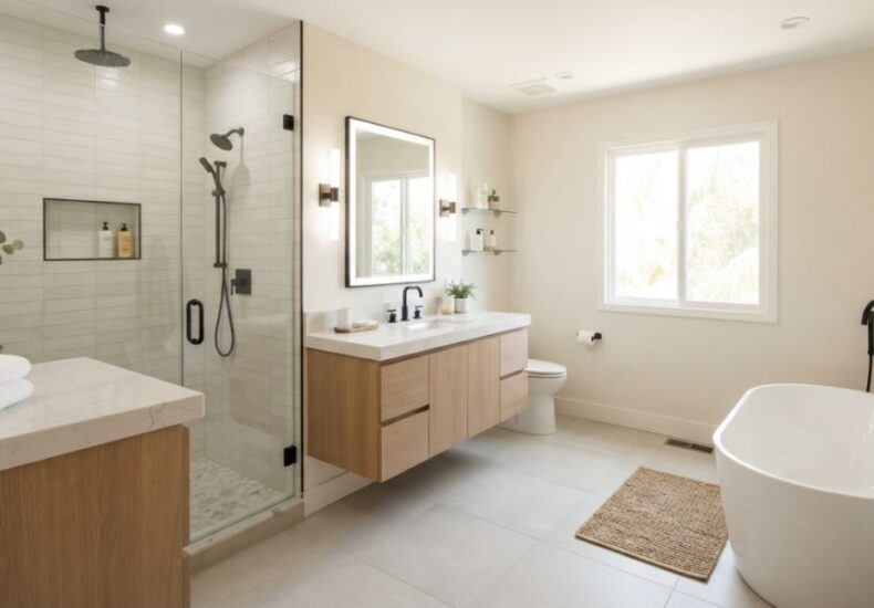 Bathroom Remodeling Lakewood CA modern bathroom featuring a glass-enclosed shower with white tile, floating wooden vanity with white countertop and black faucet, freestanding bathtub with black faucet, and a large window bringing in natural light.